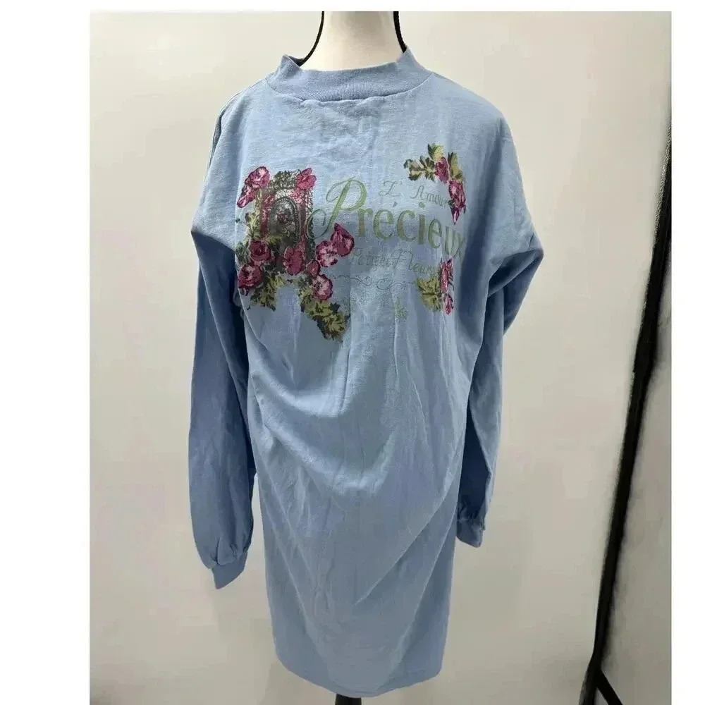Vintage Players‎ Club Light Blue Women's Long Sleeve Sweater French Floral Dress